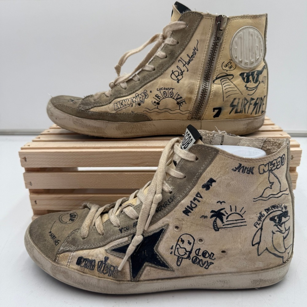 Golden Goose Francy Miami‎ Nights Graphic Leather High Top Sneakers Size 38